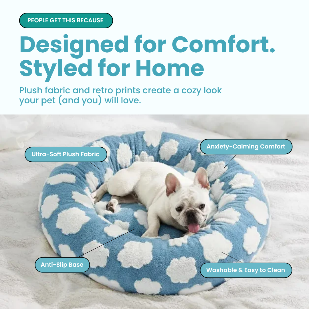 Luxury Round Calming Donut Pet Bed – Plush Washable Cat & Dog Bed with Cute Prints