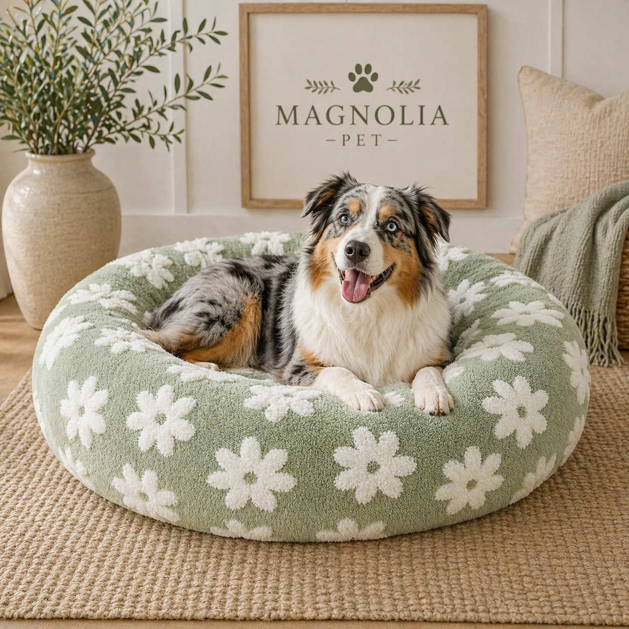 Luxury Round Calming Donut Pet Bed – Plush Washable Cat & Dog Bed with Cute Prints