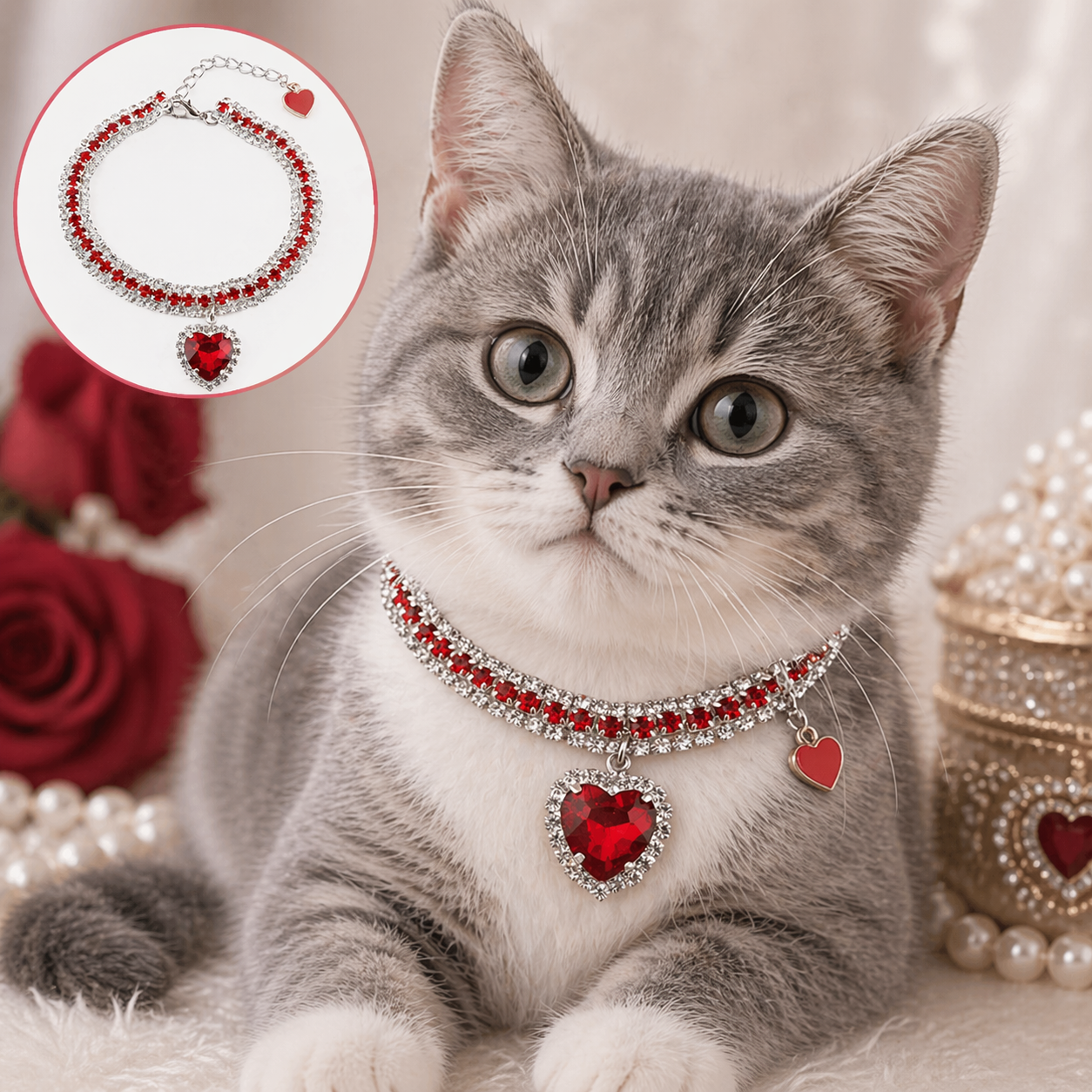 Luxury Rhinestone Pet Collar with Crystal Heart Pendant – Adjustable Bling Necklace for Cats, Puppies & Small Dogs | Wedding Pet Jewelry