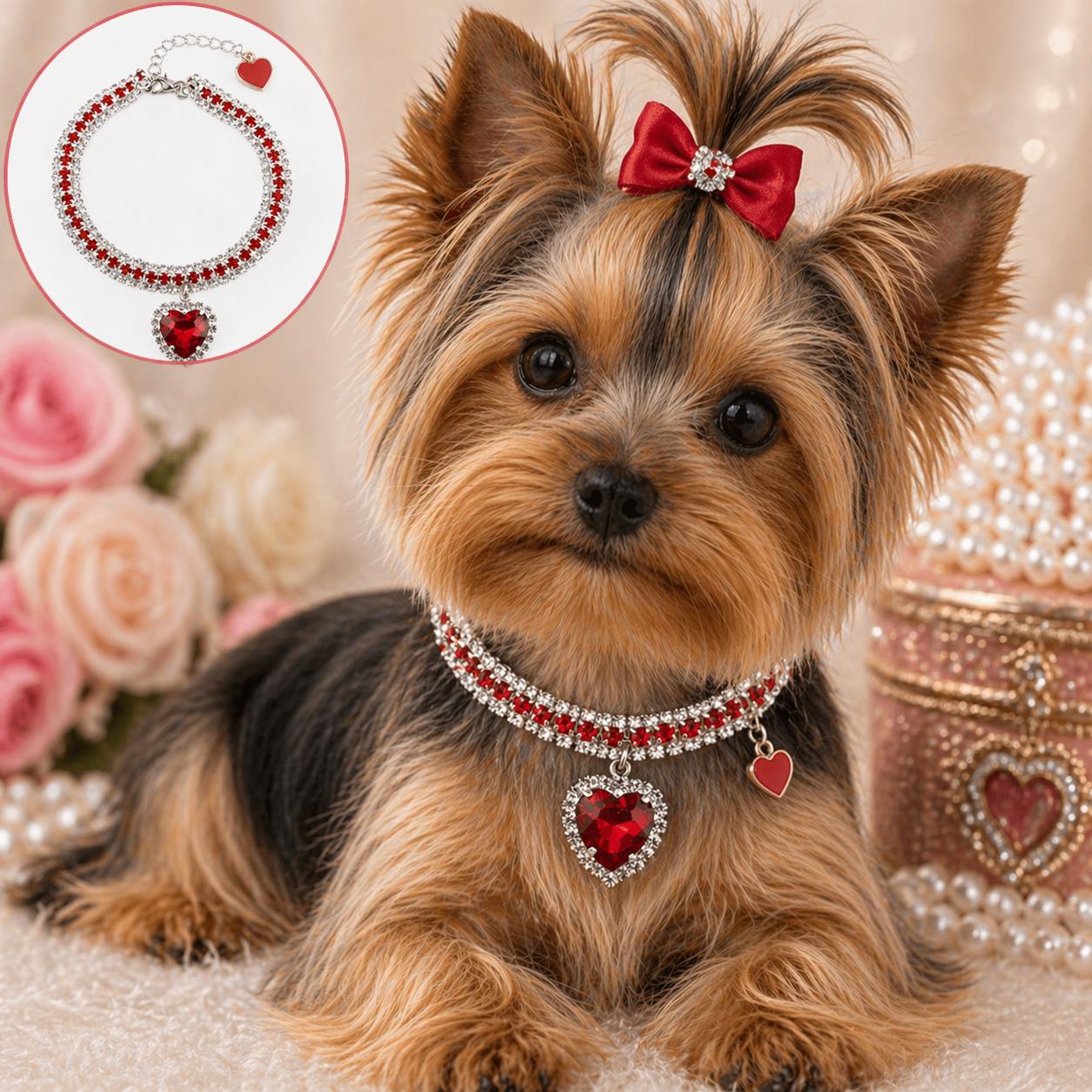 Luxury Rhinestone Pet Collar with Crystal Heart Pendant – Adjustable Bling Necklace for Cats, Puppies & Small Dogs | Wedding Pet Jewelry