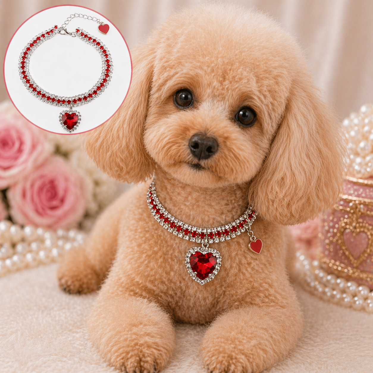 Luxury Rhinestone Pet Collar with Crystal Heart Pendant – Adjustable Bling Necklace for Cats, Puppies & Small Dogs | Wedding Pet Jewelry