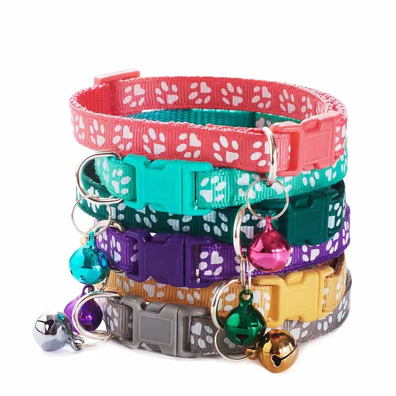 Fashion Pets Adjustable Collar – Cute Cartoon Footprint Design with Bell for Dogs & Cats