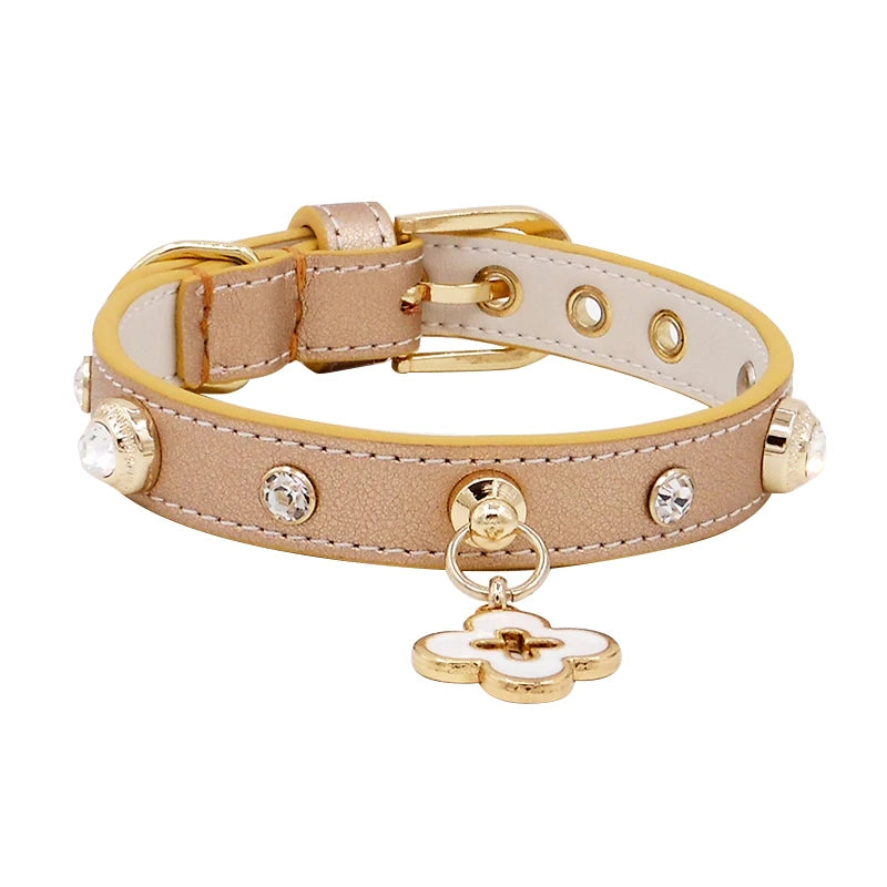 Leather Collar with Flower Charm for Cats & Small Dogs