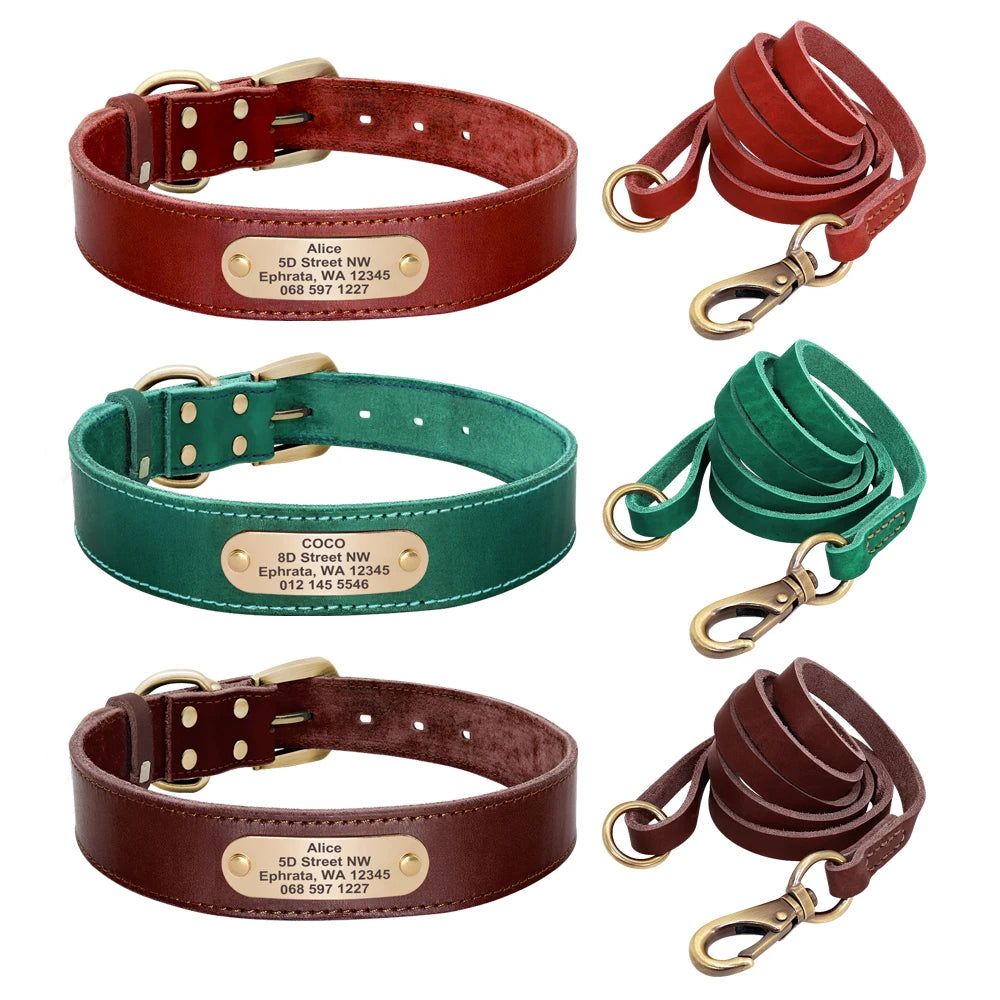 Personalized Real Leather Dog Collar & Leash Sets