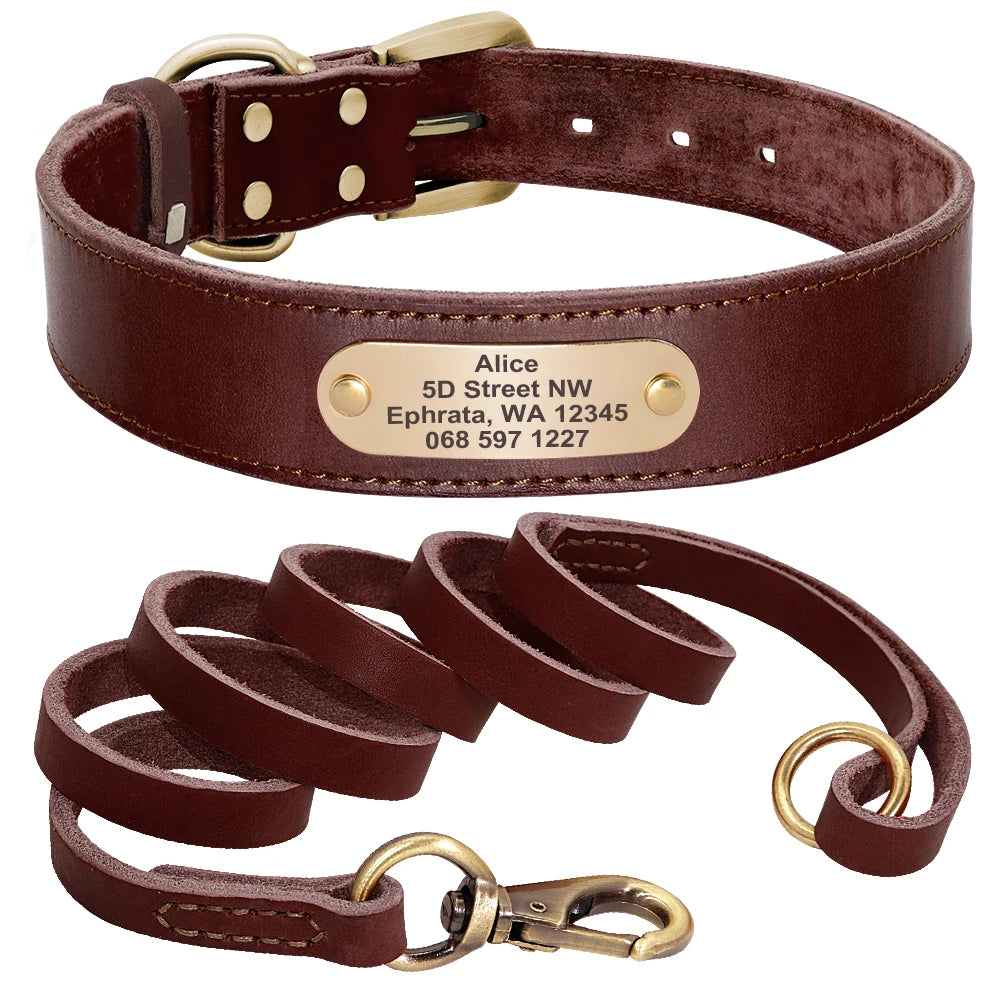 Personalized Real Leather Dog Collar & Leash Sets