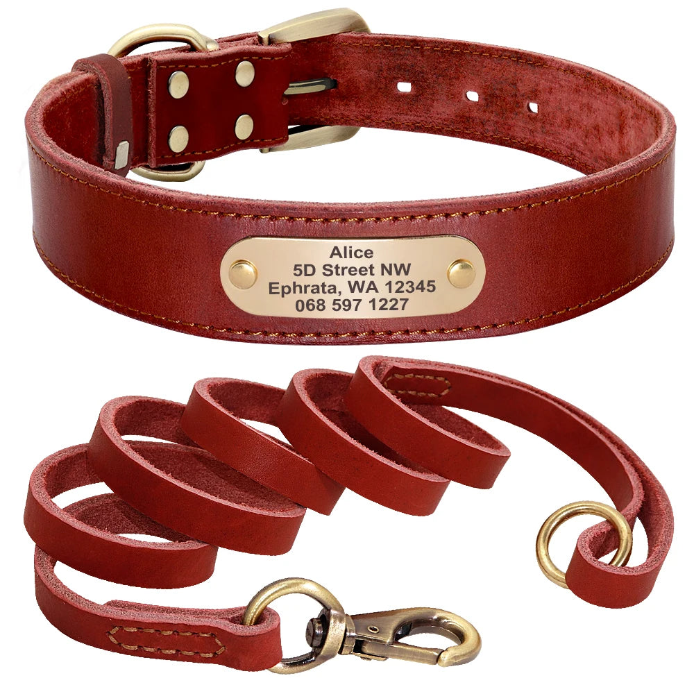 Personalized Real Leather Dog Collar & Leash Sets