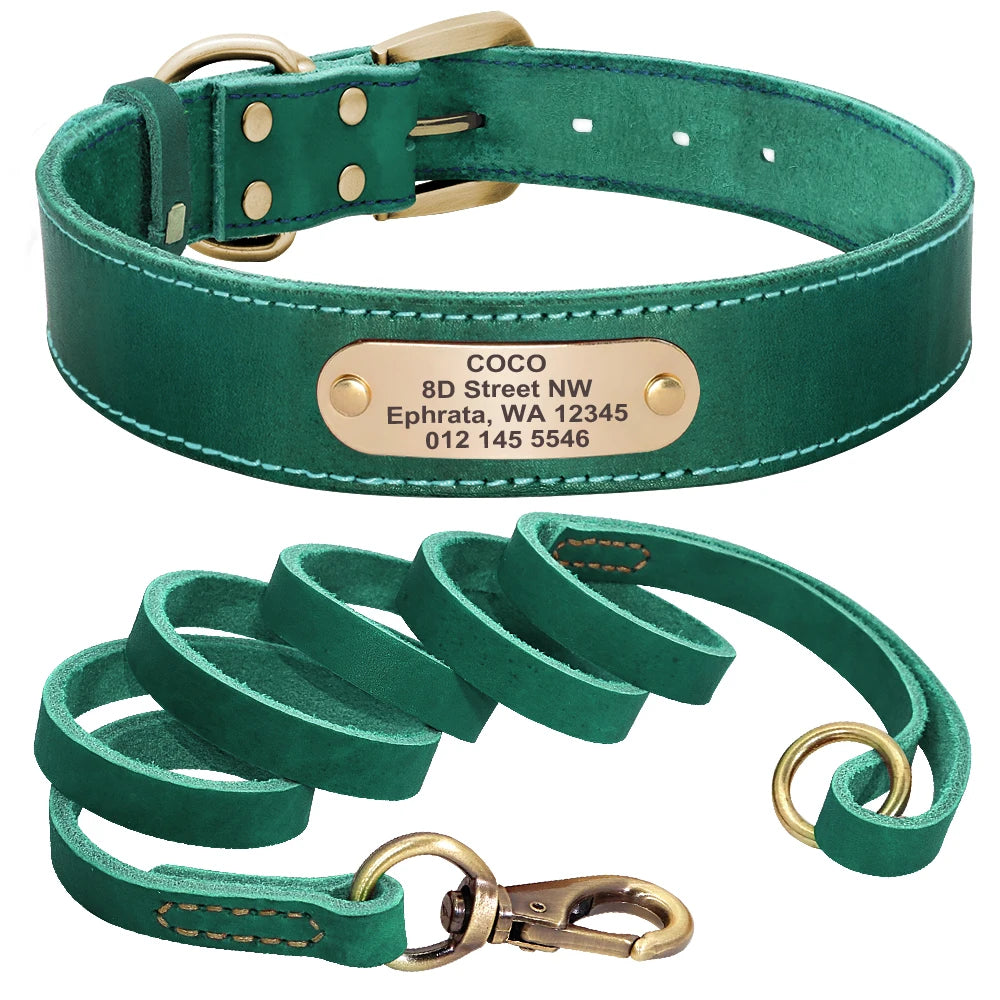 Personalized Real Leather Dog Collar & Leash Sets