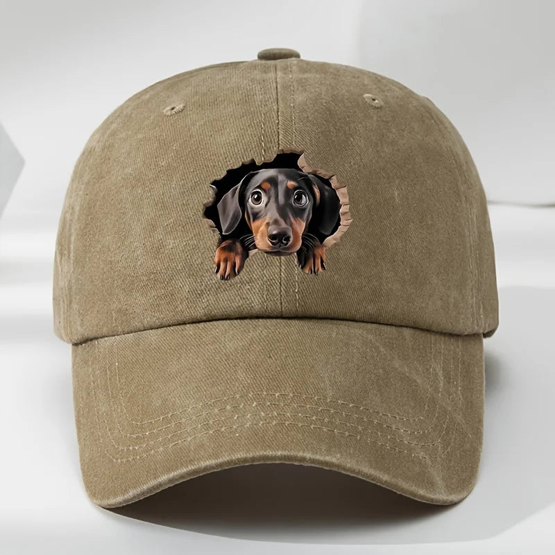 Retro Washed Dachshund Baseball Cap – Dog Pattern Hat with Breathable Design, Casual Outdoor Sports Sun Hat