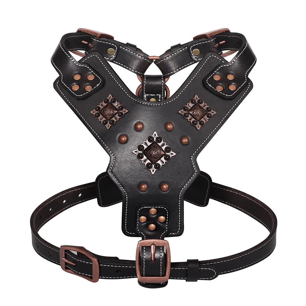 Genuine Leather Dog Harness – Durable Riveted Training Vest with Metal Hardware for Medium & Large Dogs