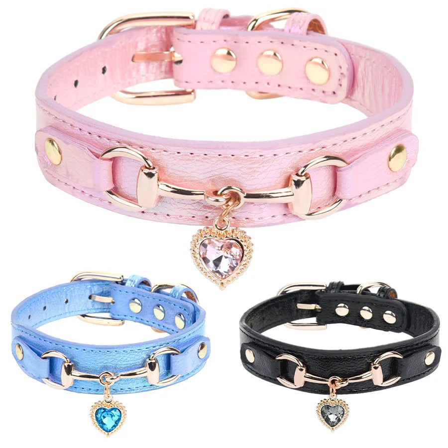 Leather Charm Pet Collar – Shiny Rhinestone Adjustable for Dogs & Cats