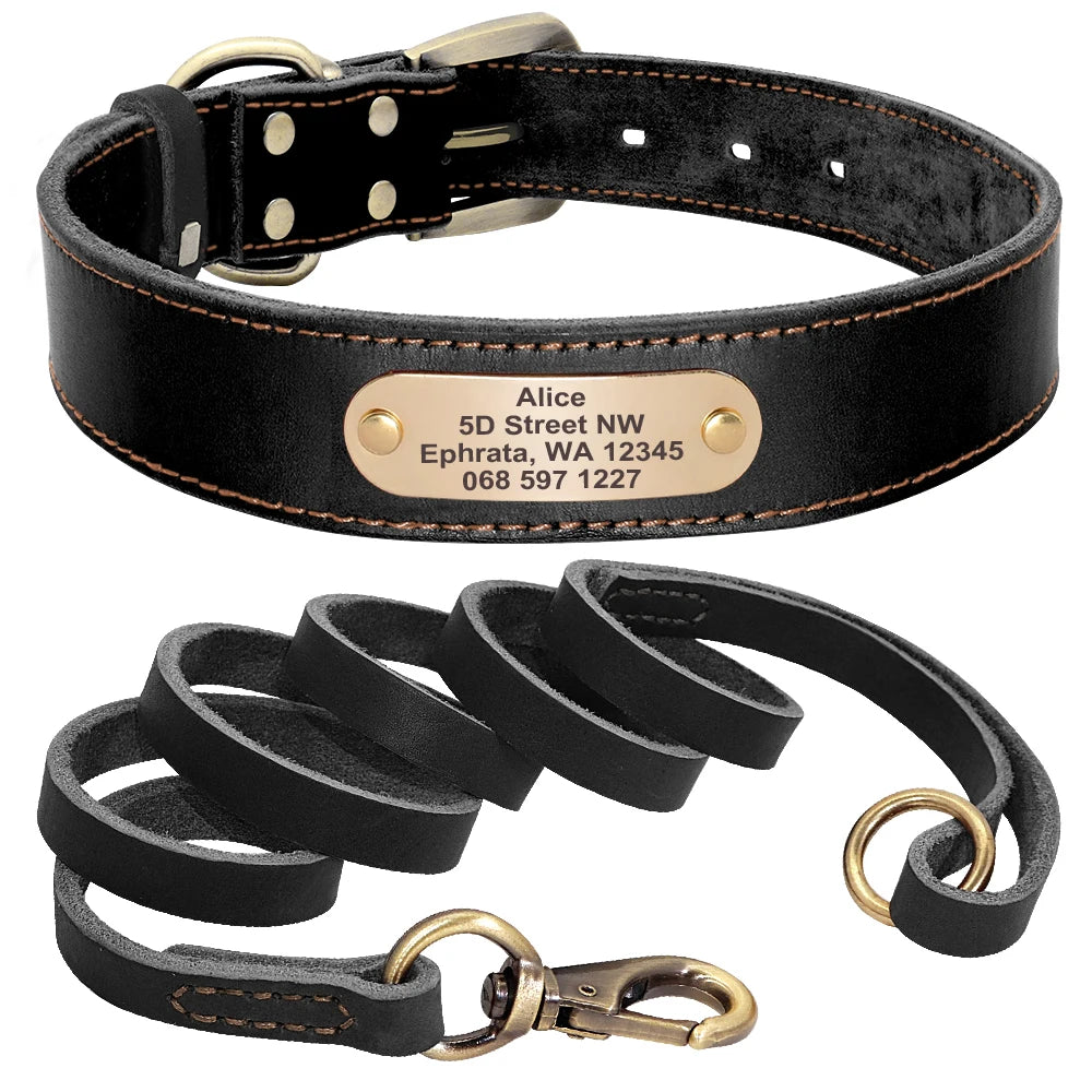 Personalized Real Leather Dog Collar & Leash Sets