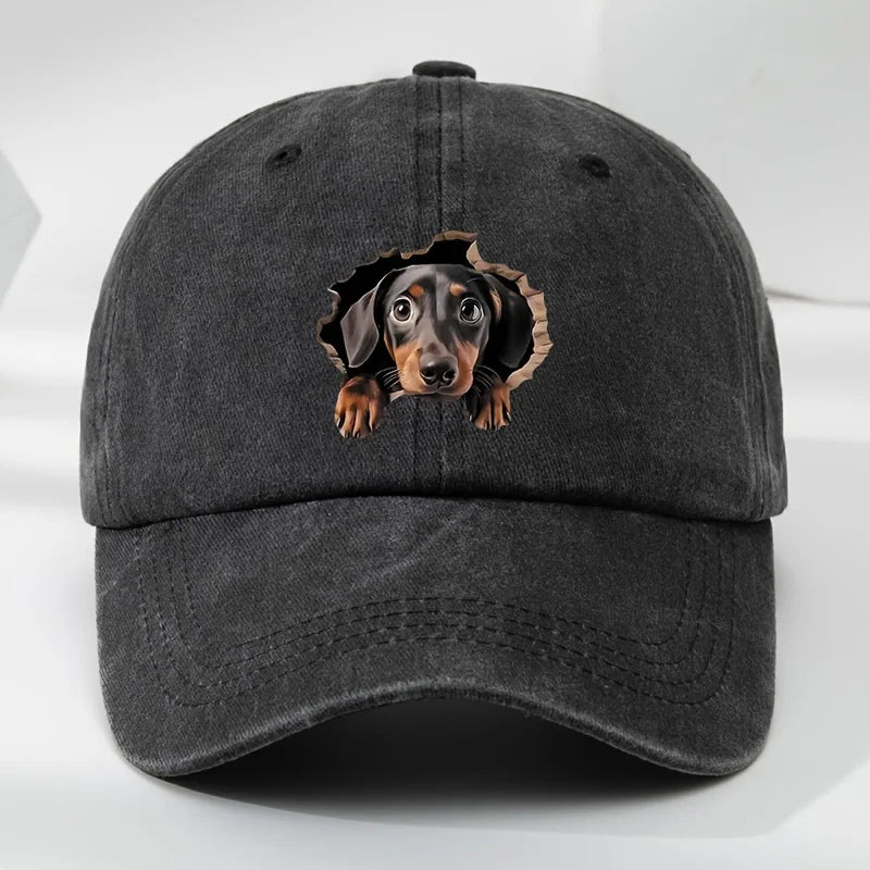Retro Washed Dachshund Baseball Cap – Dog Pattern Hat with Breathable Design, Casual Outdoor Sports Sun Hat