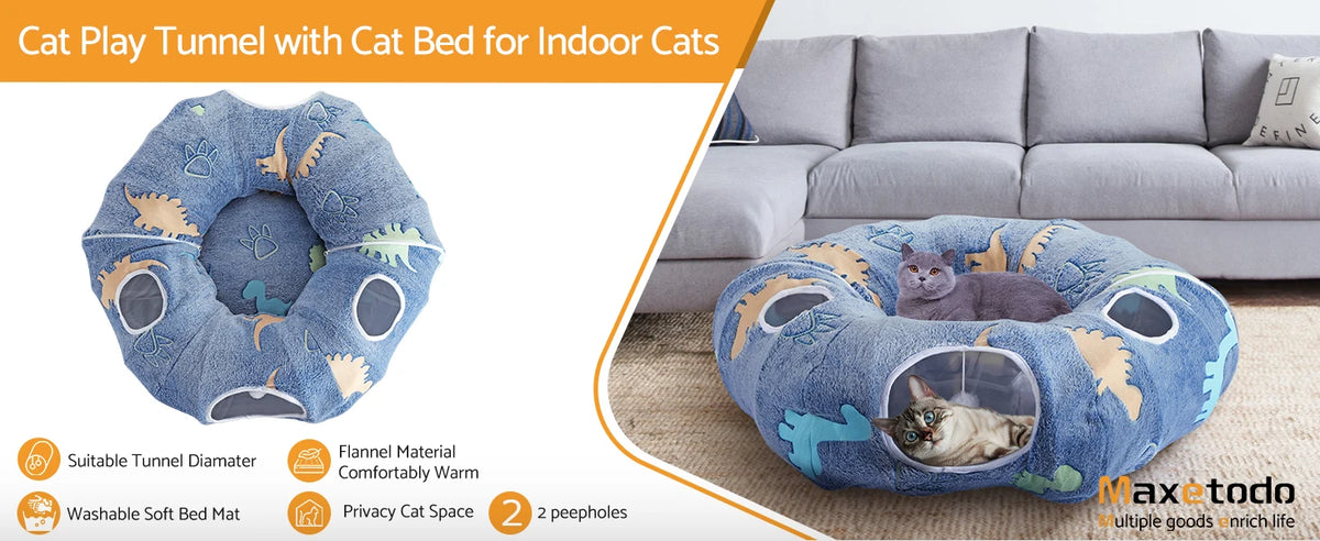 Cat Tunnel Bed for Indoor Cats – Foldable Plush Donut Tunnel with Glow-in-the-Dark Design