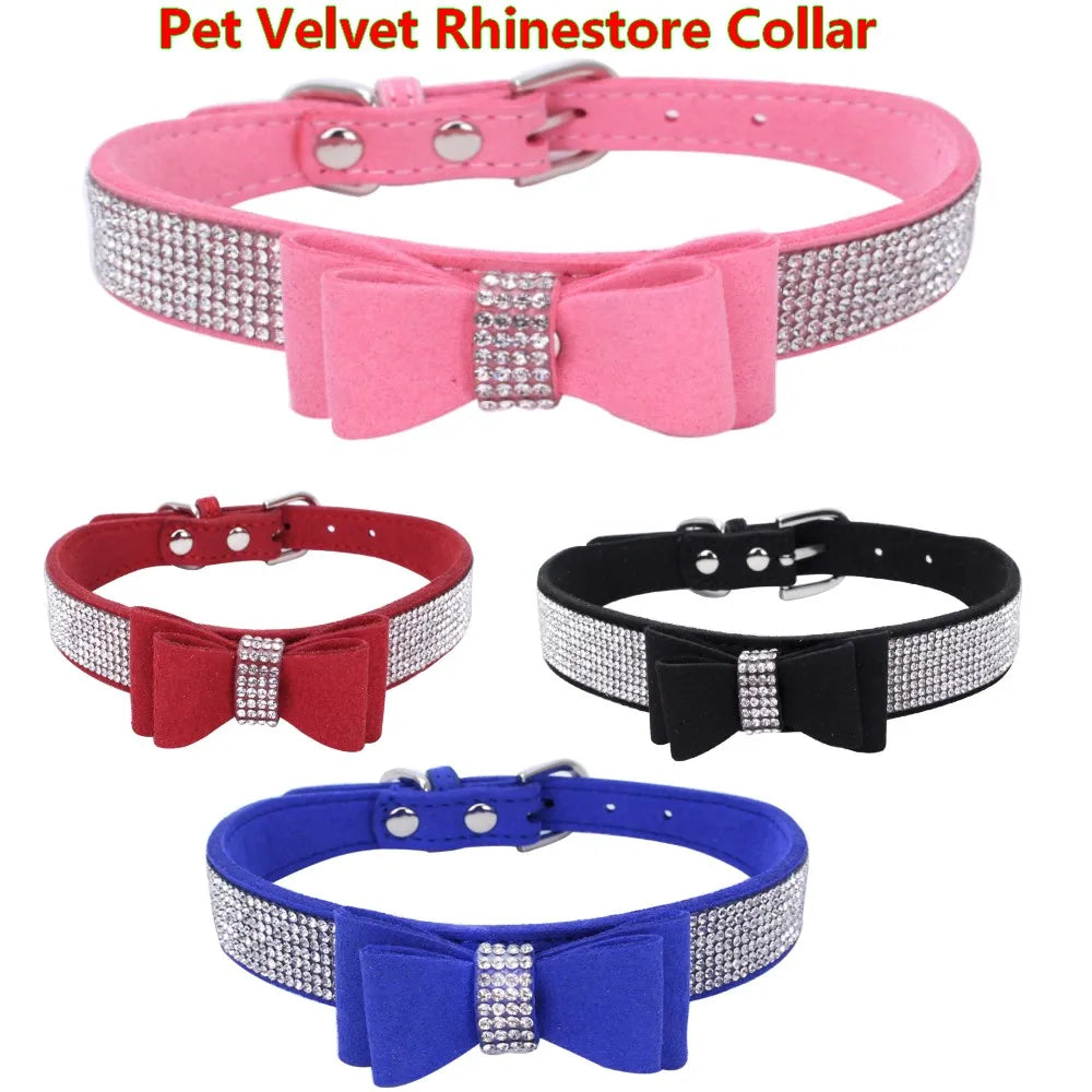Bling Velvet Dog Collar with Rhinestones – Butterfly Bow Holiday Fashion Collar & Leash Set
