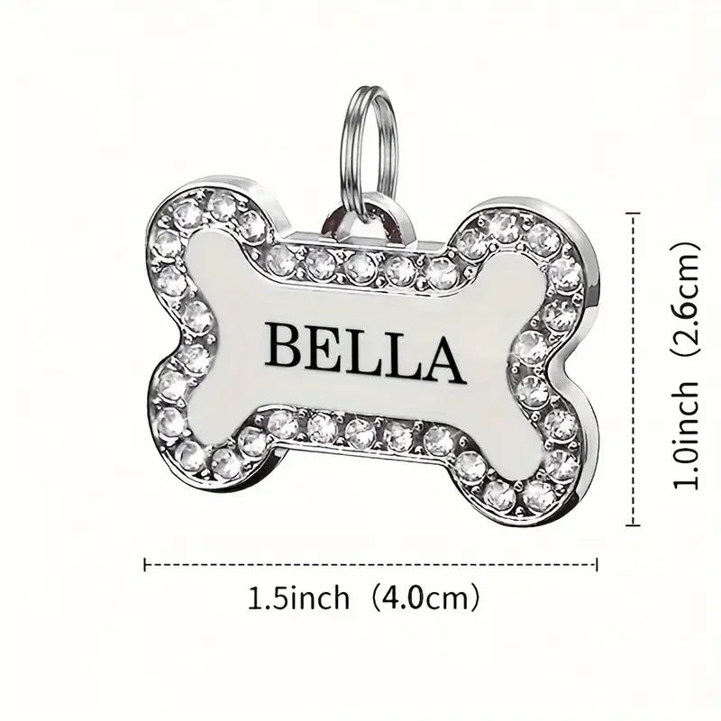 Pet ID Tag with Rhinestones – Personalized Name Tag with Bone Bling Charm