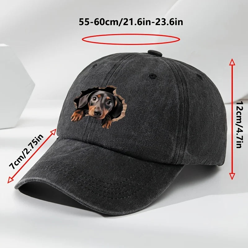 Retro Washed Dachshund Baseball Cap – Dog Pattern Hat with Breathable Design, Casual Outdoor Sports Sun Hat