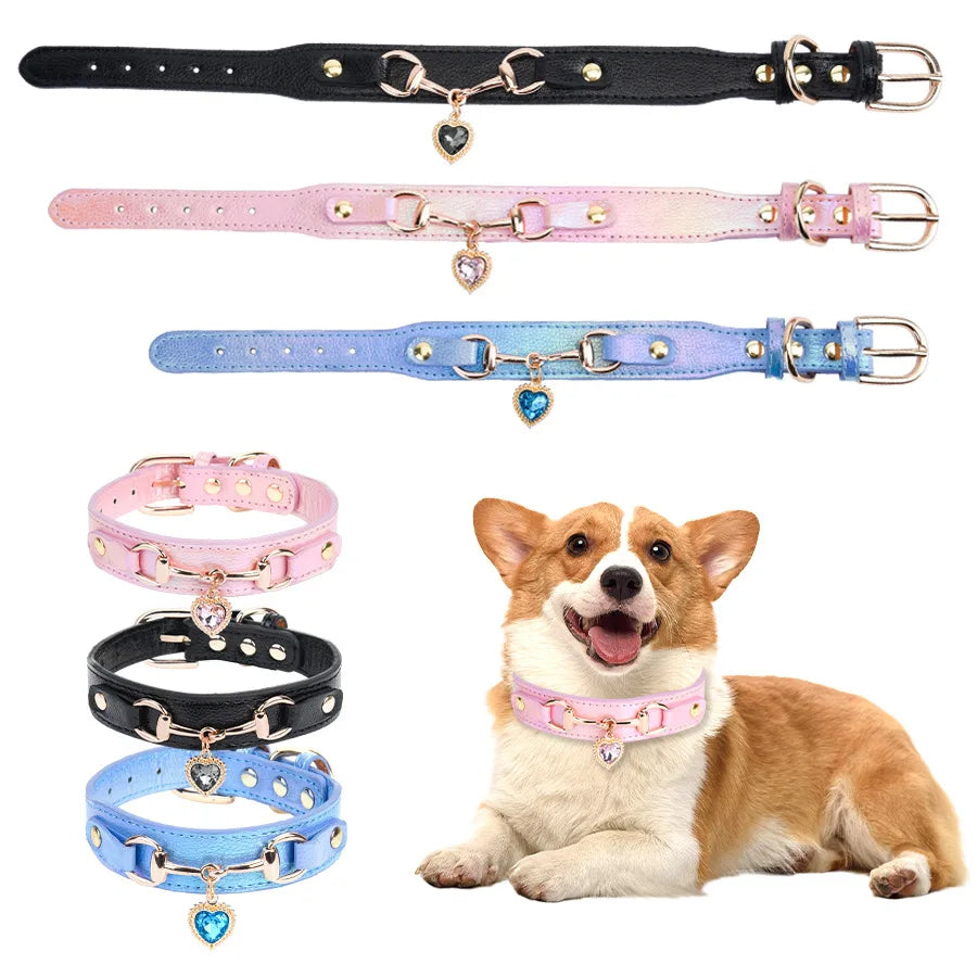 Leather Charm Pet Collar – Shiny Rhinestone Adjustable for Dogs & Cats