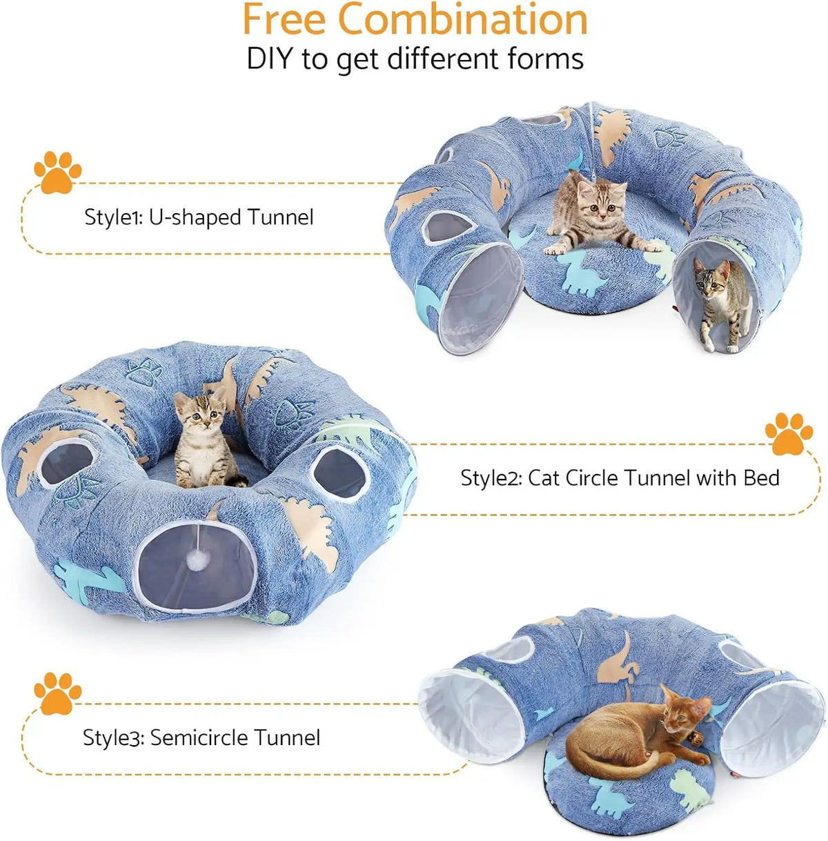Cat Tunnel Bed for Indoor Cats – Foldable Plush Donut Tunnel with Glow-in-the-Dark Design