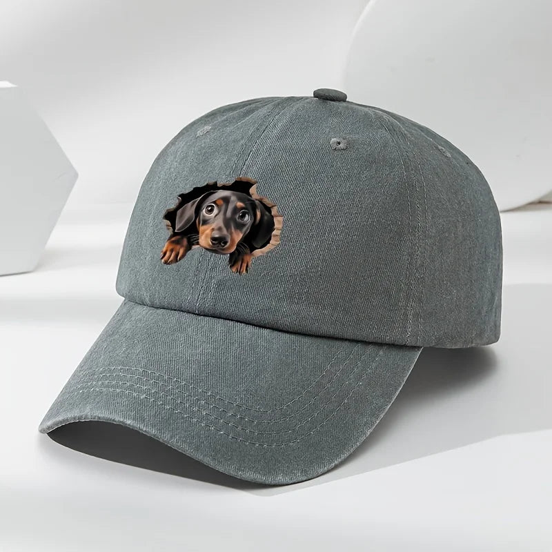 Retro Washed Dachshund Baseball Cap – Dog Pattern Hat with Breathable Design, Casual Outdoor Sports Sun Hat