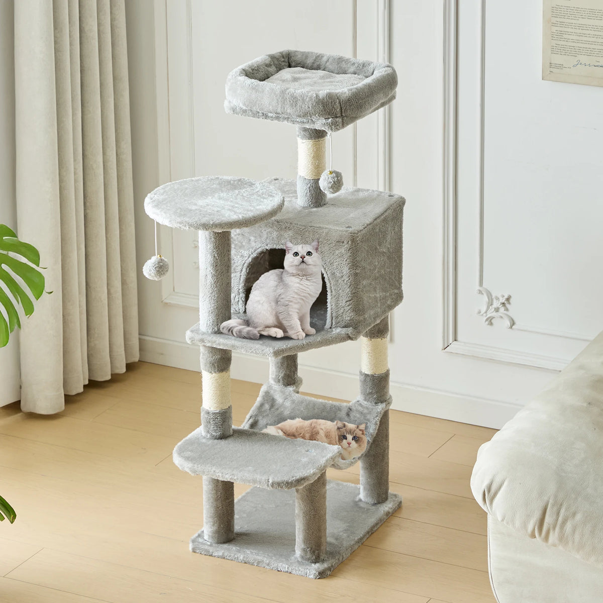 Tall Multi-Cat Climbing Cat Tree Tower – 44" Indoor Cat Furniture with Sisal Scratching Posts & Cozy Pet House