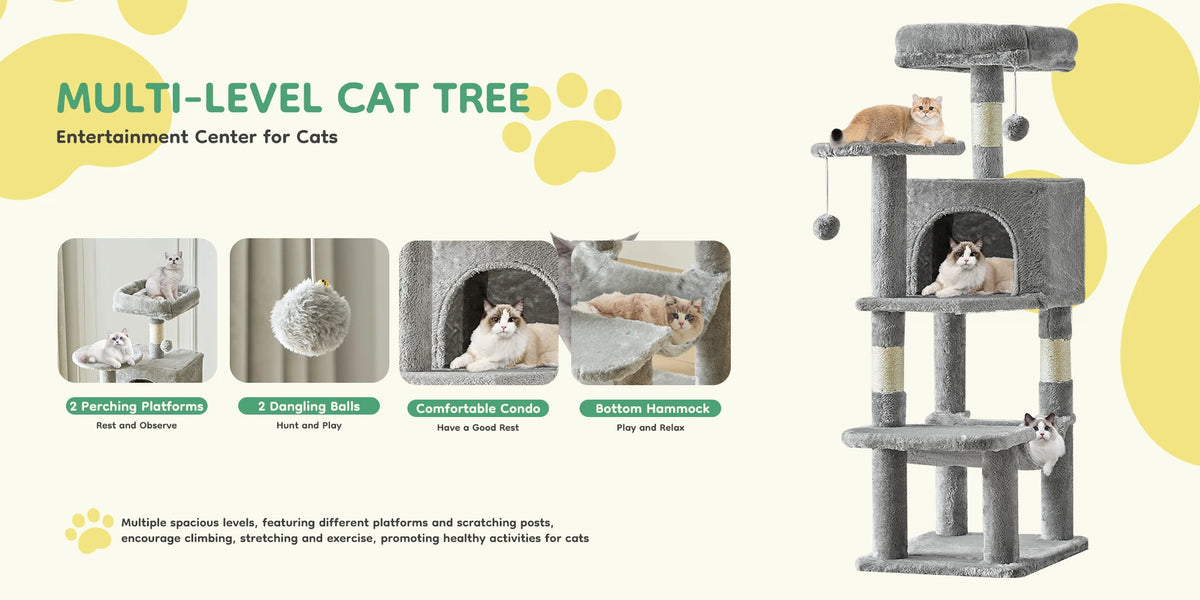 Tall Multi-Cat Climbing Cat Tree Tower – 44" Indoor Cat Furniture with Sisal Scratching Posts & Cozy Pet House