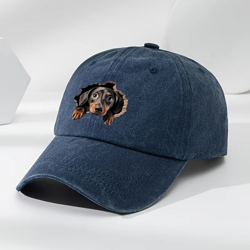 Retro Washed Dachshund Baseball Cap – Dog Pattern Hat with Breathable Design, Casual Outdoor Sports Sun Hat