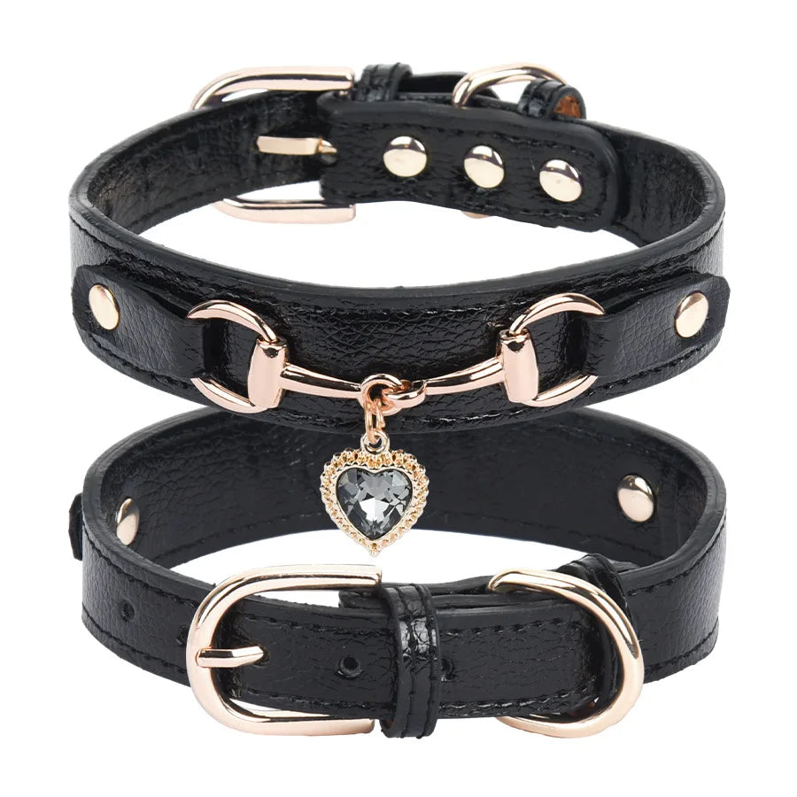 Leather Charm Pet Collar – Shiny Rhinestone Adjustable for Dogs & Cats
