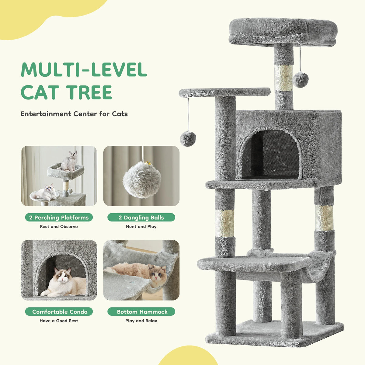 Tall Multi-Cat Climbing Cat Tree Tower – 44" Indoor Cat Furniture with Sisal Scratching Posts & Cozy Pet House
