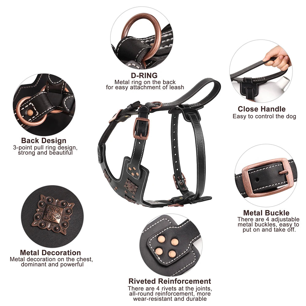 Genuine Leather Dog Harness – Durable Riveted Training Vest with Metal Hardware for Medium & Large Dogs