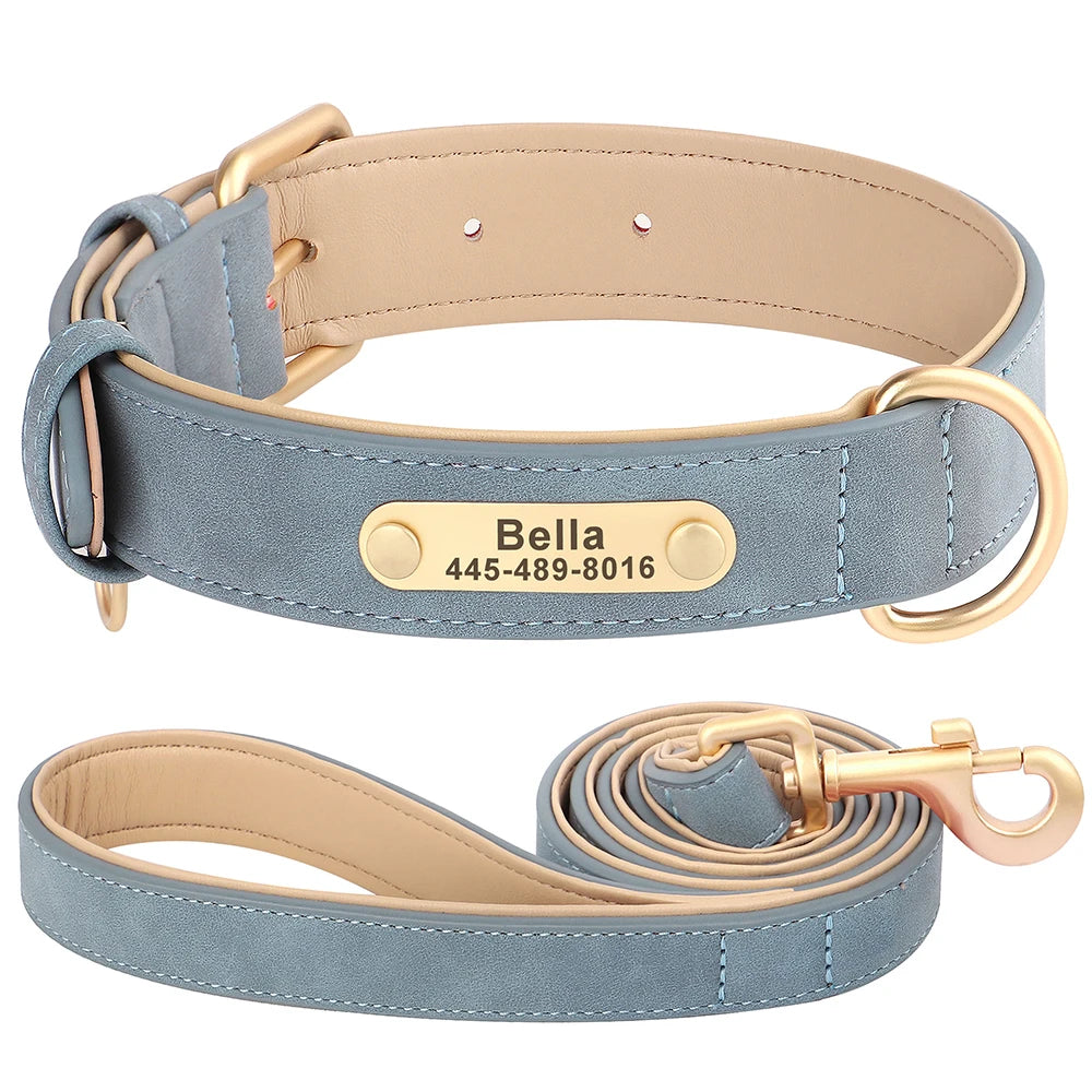 Personalized Safety Leather Dog Collar & Leash Set – Free Engraving