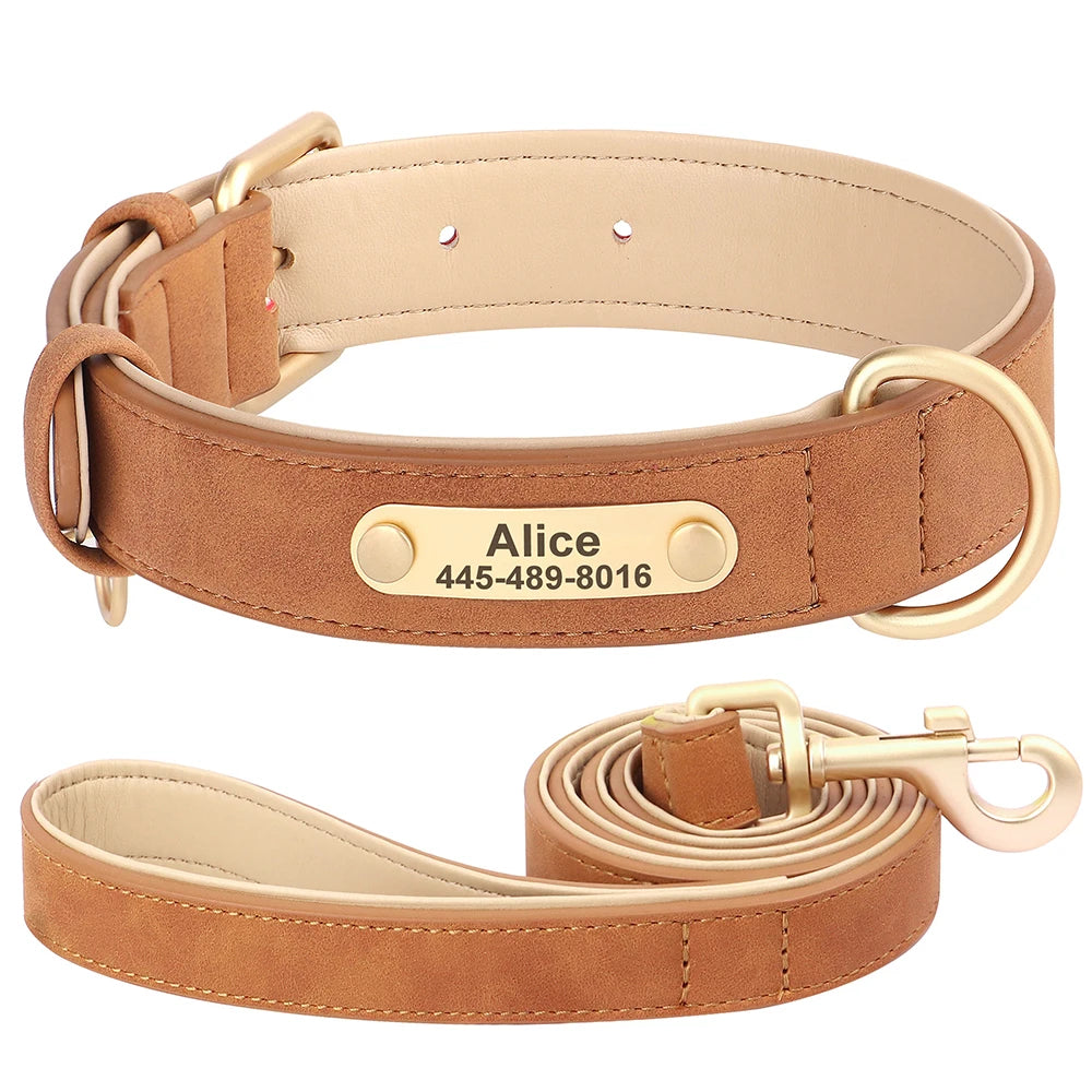 Personalized Safety Leather Dog Collar & Leash Set – Free Engraving