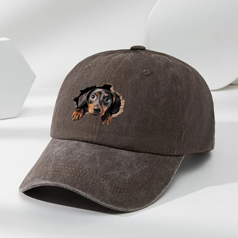 Retro Washed Dachshund Baseball Cap – Dog Pattern Hat with Breathable Design, Casual Outdoor Sports Sun Hat