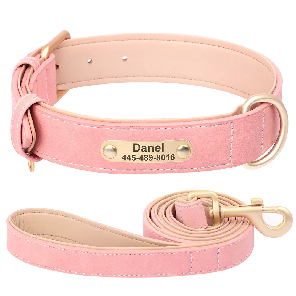 Personalized Safety Leather Dog Collar & Leash Set – Free Engraving