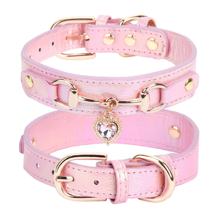 Leather Charm Pet Collar – Shiny Rhinestone Adjustable for Dogs & Cats