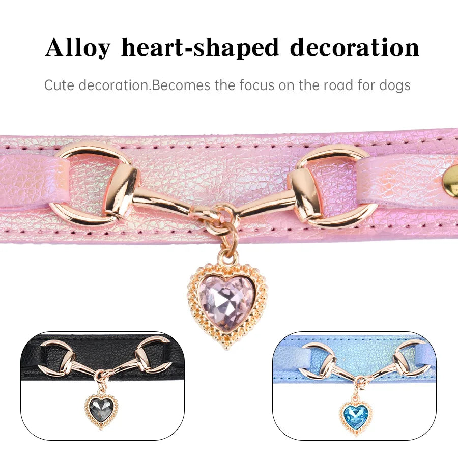 Leather Charm Pet Collar – Shiny Rhinestone Adjustable for Dogs & Cats
