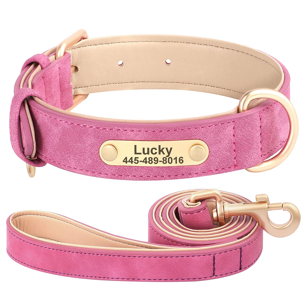 Personalized Safety Leather Dog Collar & Leash Set – Free Engraving