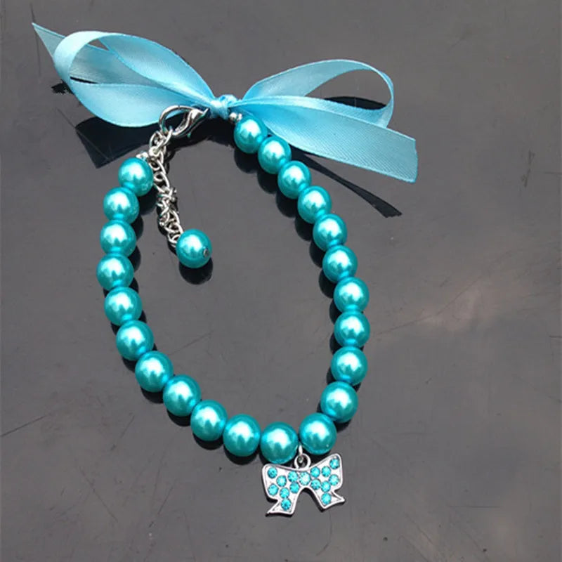 Exquisite Pearl Dog Necklace Pearl Necklace Jewelry with Bow Ribbon Suitable for Cats and Dogs