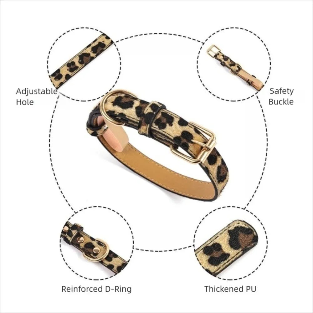 Trendy Leopard Print Dog Collar – Wear-Resistant PU Leather, Adjustable Pet Collar for Small & Medium Dogs