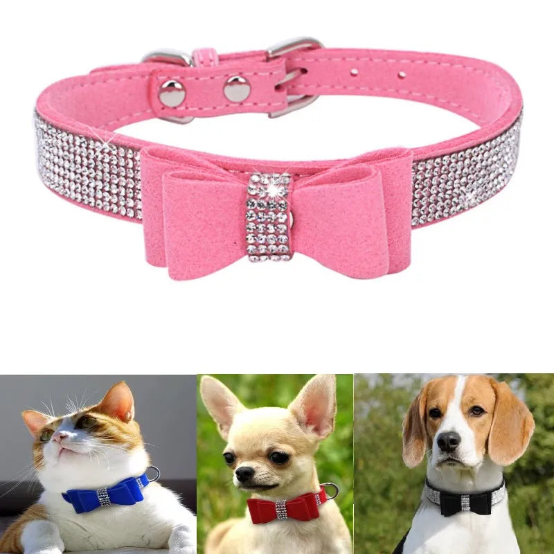 Bling Velvet Dog Collar with Rhinestones – Butterfly Bow Holiday Fashion Collar & Leash Set