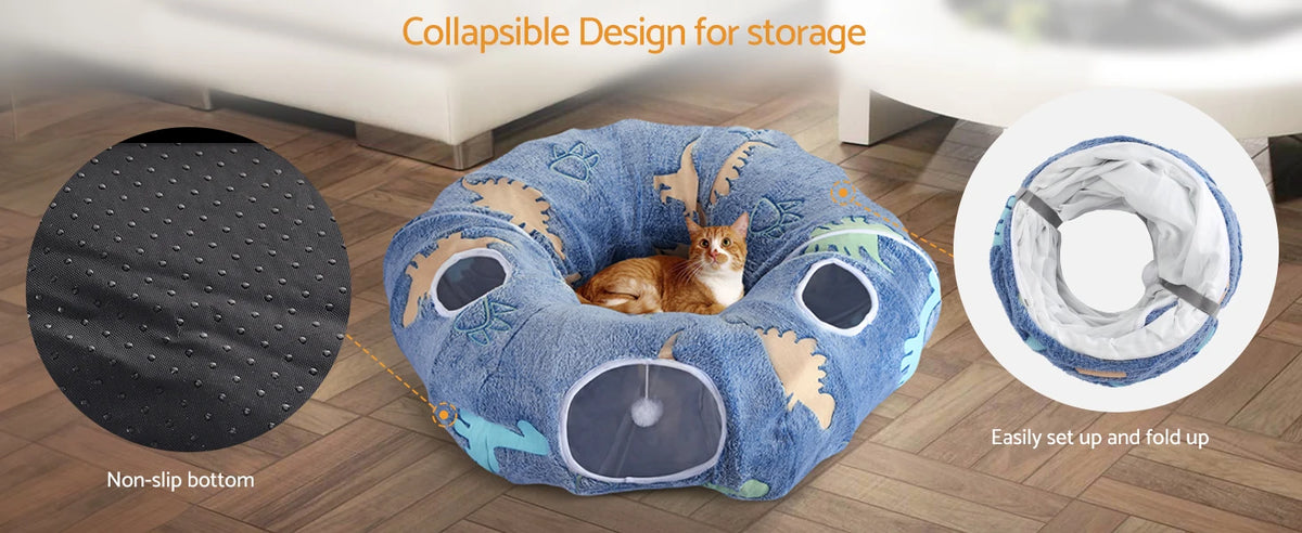 Cat Tunnel Bed for Indoor Cats – Foldable Plush Donut Tunnel with Glow-in-the-Dark Design