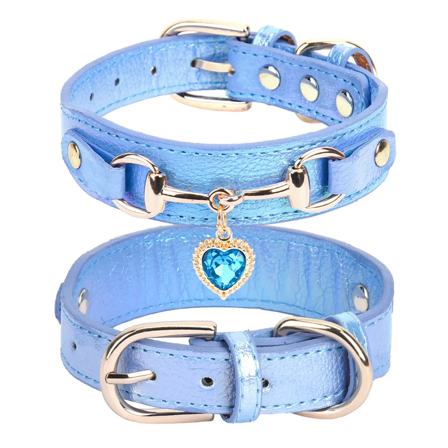Leather Charm Pet Collar – Shiny Rhinestone Adjustable for Dogs & Cats