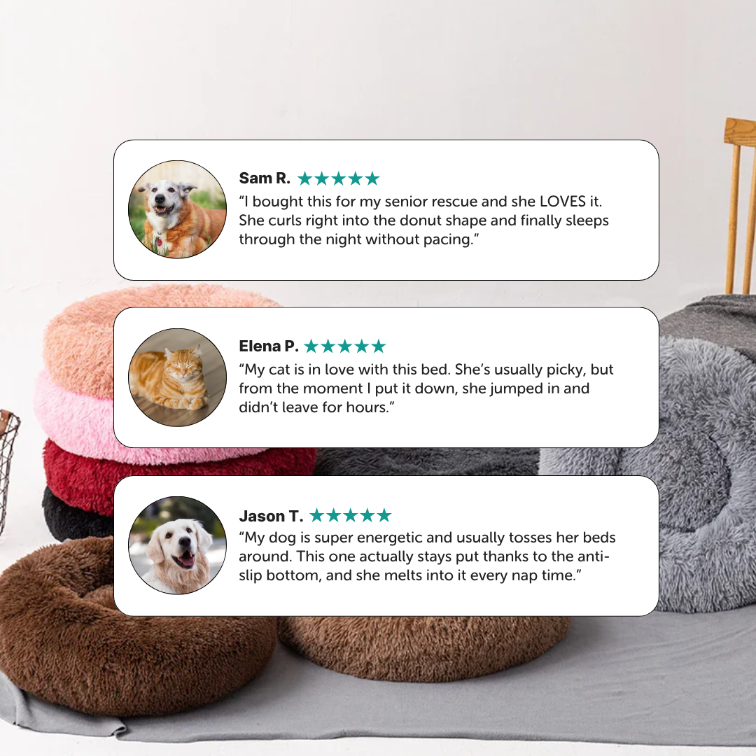 Luxury Round Calming Donut Pet Bed – Plush Washable Cat & Dog Bed with Cute Prints