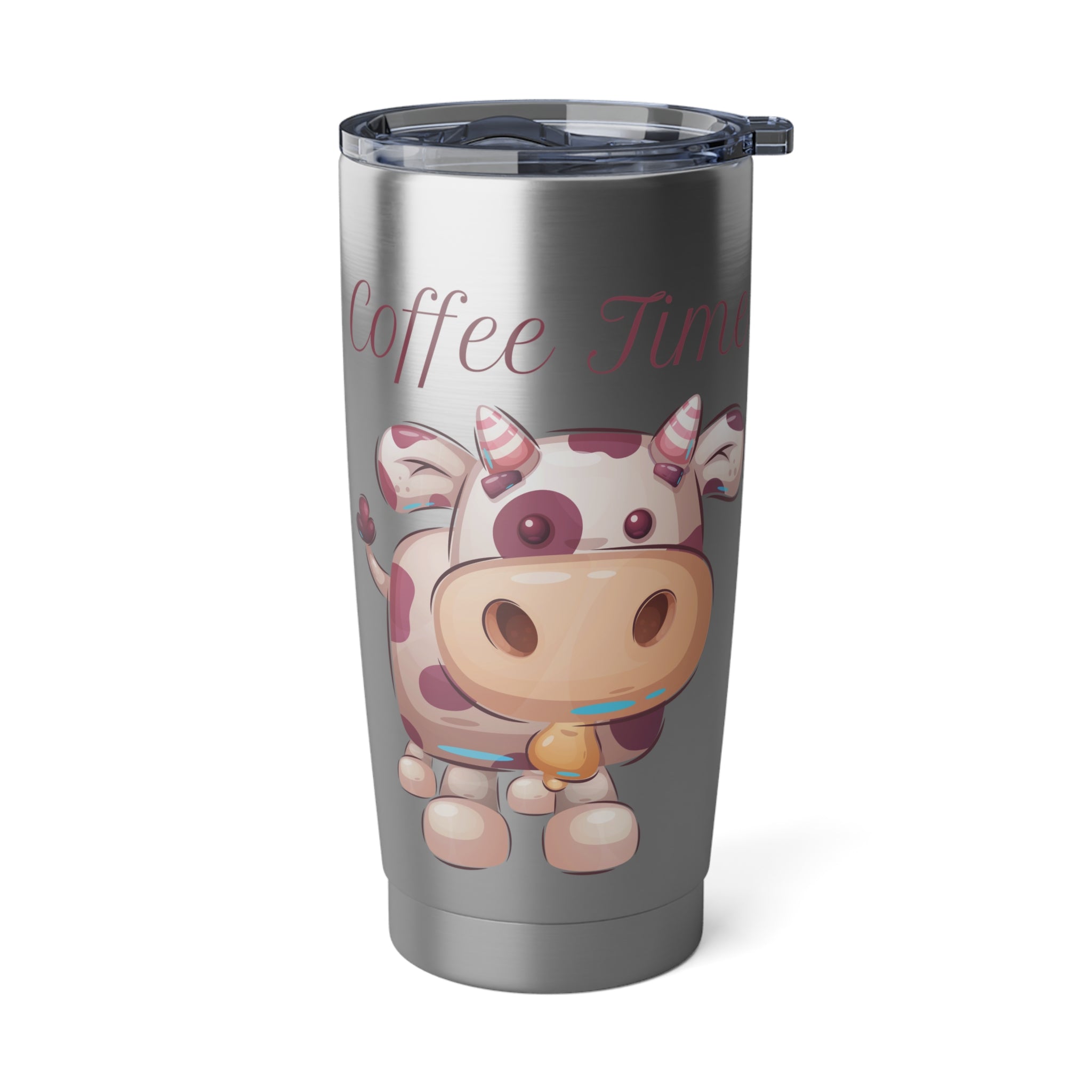 Custom Coffee Time with Cute Cow on Stainless Metal Tumbler 20oz Gift for Animal Lovers