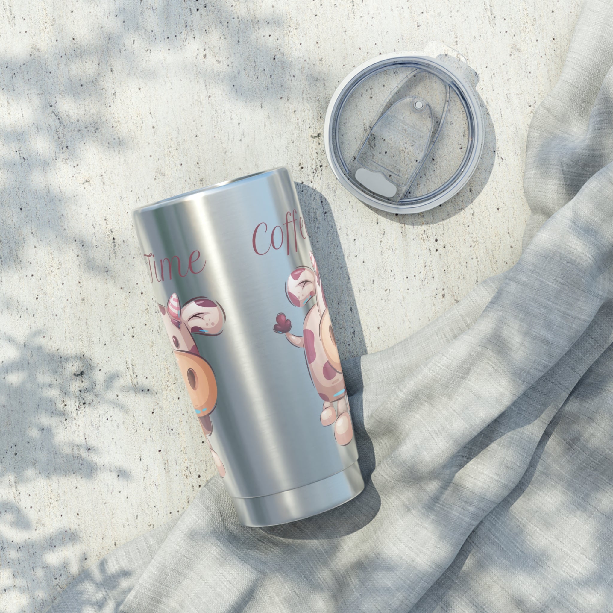 Custom Coffee Time with Cute Cow on Stainless Metal Tumbler 20oz Gift for Animal Lovers