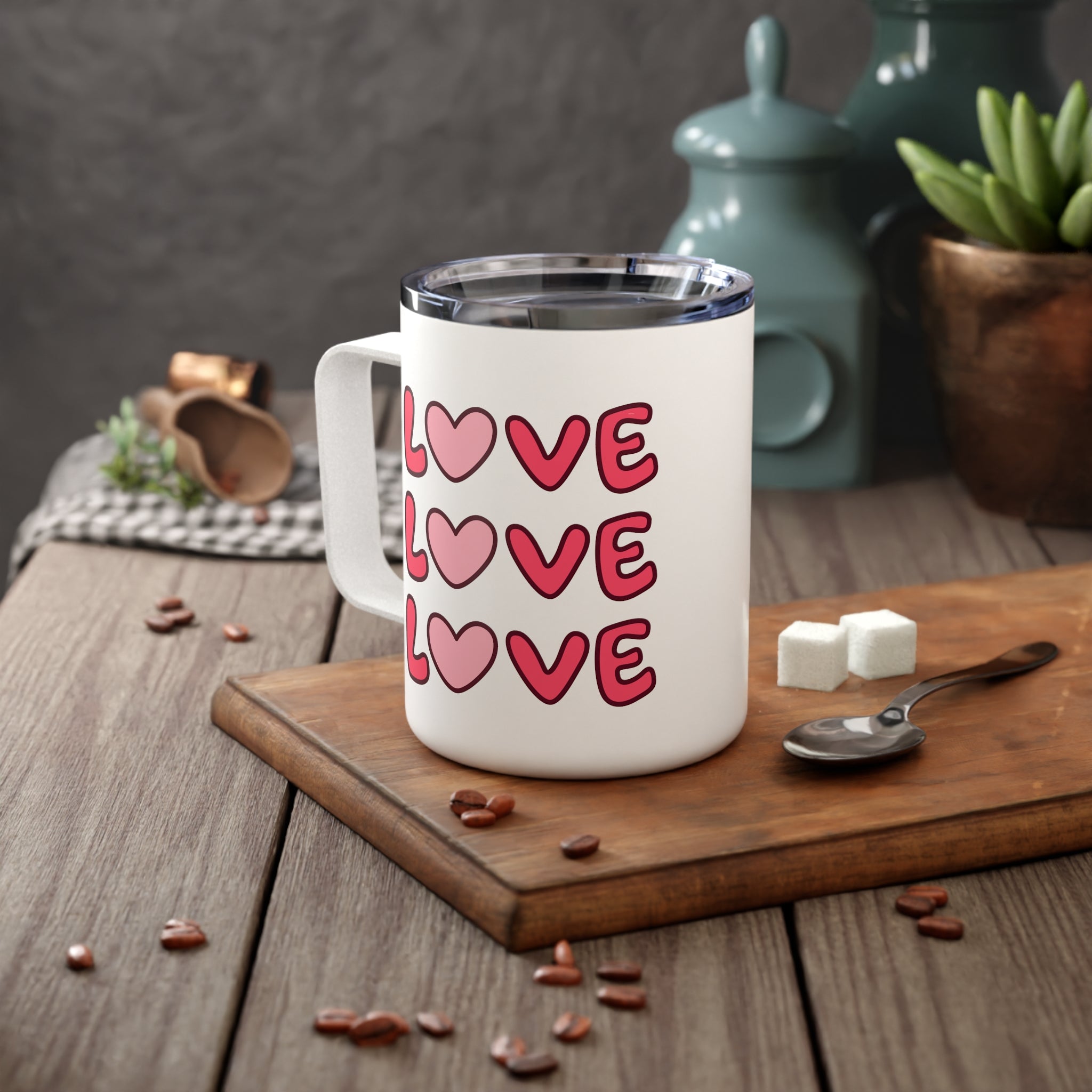 LOVE LOVE LOVE Insulated Coffee Mug, 10oz  for hot and cold drinks