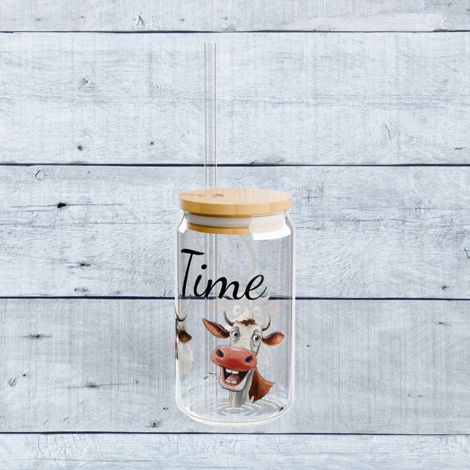 Coffee Time with Three Funny Cows on Glass Tumbler 16oz with lid and straw
