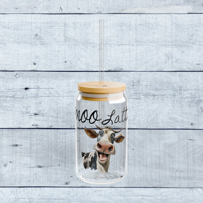 MOO Latte with Funny Cow on Glass Tumbler 16oz with lid and straw Gift for Cow Lover Animal Lover Gift for Her Funny Unique Coffee Mugs
