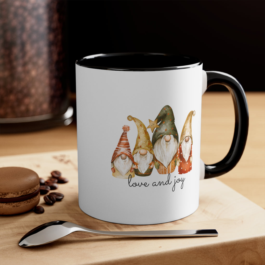 Holiday Knome Love and Joy Custom Mug, 11oz Multi Colors Classic Style Holiday Gifts Printify