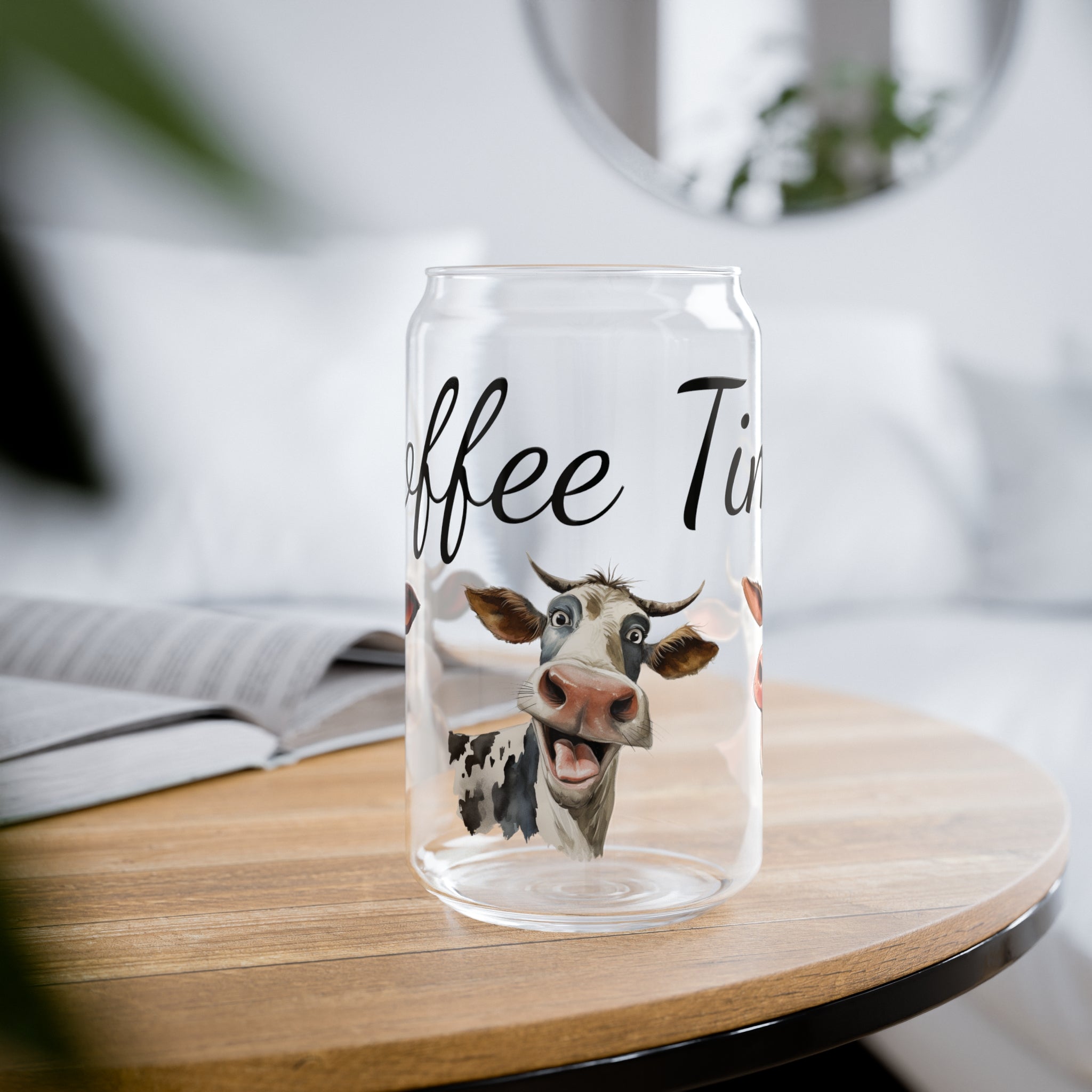 Coffee Time with Three Funny Cows on Glass Tumbler 16oz with lid and straw