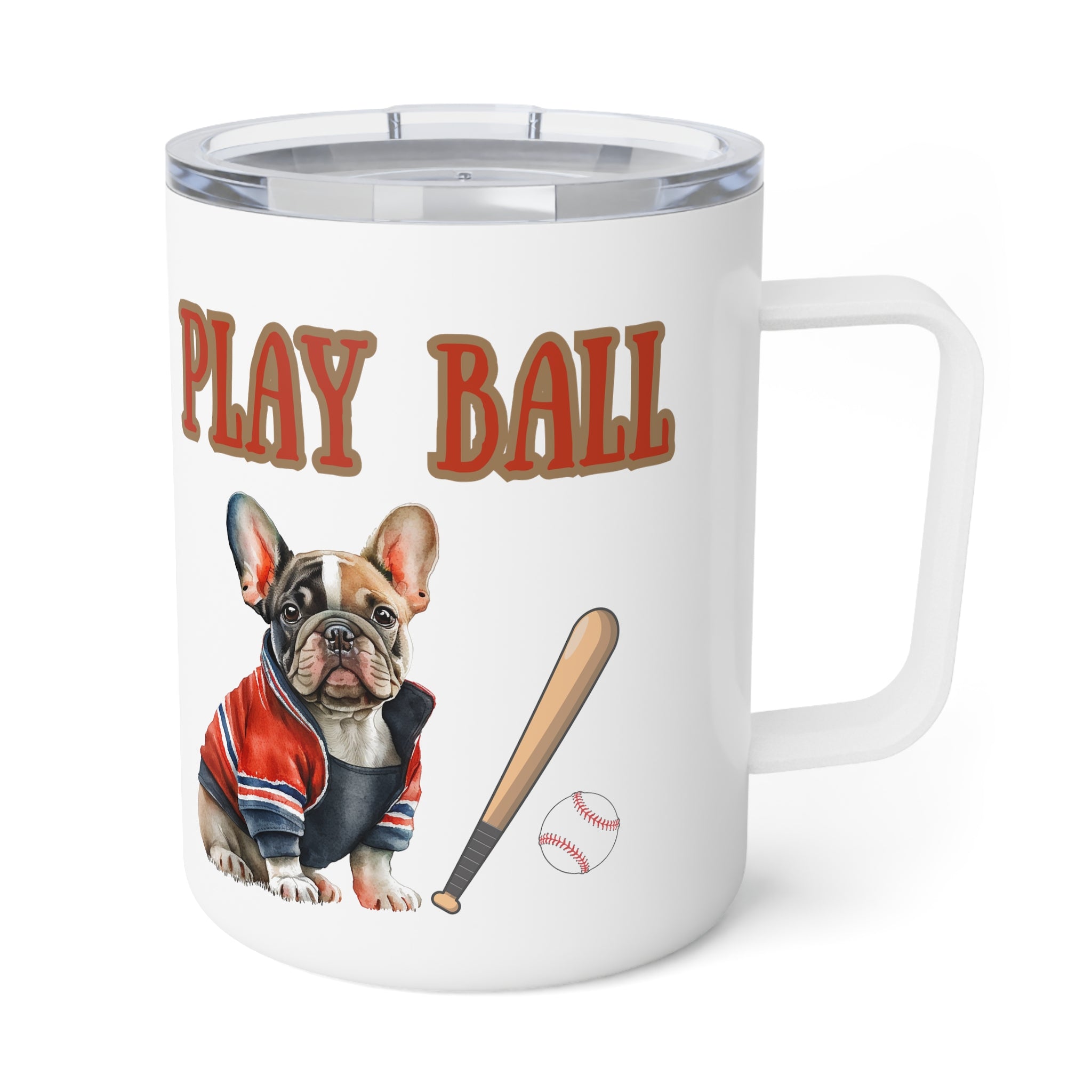 Play Ball with Frenchie Insulated Stainless Steel Coffee Mug, 10oz for hot and cold drinks